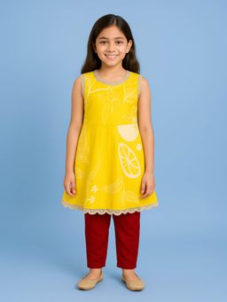 KiddoPanti - Girls Cotton Sleeveless Peplum Kurta Top With Solid Pyjama - Yellow