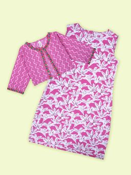 KiddoPanti - Cotton Floral Printed Sleeveless Kurta With Matching Koti - Pink