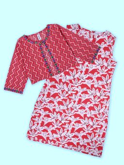 KiddoPanti - Cotton Floral Printed Sleeveless Kurta With Matching Koti - Red