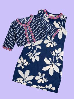 KiddoPanti - Cotton Floral Printed Sleeveless Kurta With Matching Koti - Blue