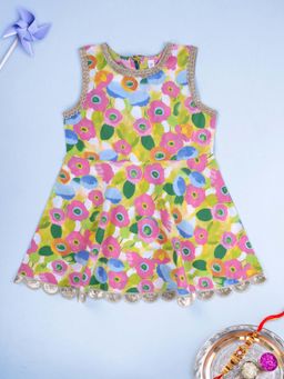 KiddoPanti - Cotton Sleeveless Tropical Printed Peplum Kurta Top - Multi-Color