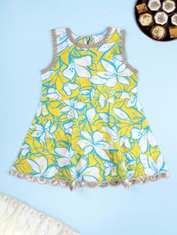 KiddoPanti - Cotton Sleeveless Abstract Floral Printed Peplum Kurta Top