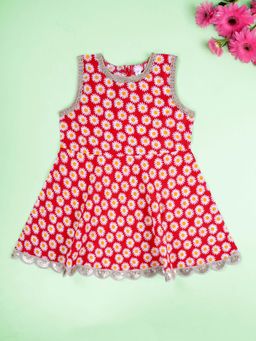 KiddoPanti - Cotton Sleeveless Daisy Printed Peplum Kurta Top - Red