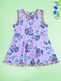 KiddoPanti - Cotton Sleeveless Ethnic Floral Printed Peplum Kurta Top - Blue