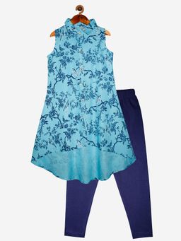 KiddoPanti - Girls Front Open Kurta With Back Tail & Ankle Length Lycra Legging
