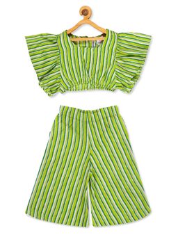 KiddoPanti - Girls Stripes Printed Co-Ord Set - Green