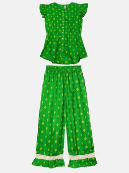 KiddoPanti - Girls Butterfly Sleeve Top With Wide Leg Palazzo - Green