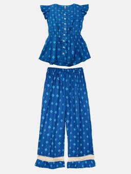 KiddoPanti - Girls Butterfly Sleeve Top With Wide Leg Palazzo - Navy Blue
