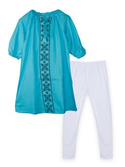 KiddoPanti - Girls Full Sleeve Neck Tie Up Kurta & Lycra Legging - Blue