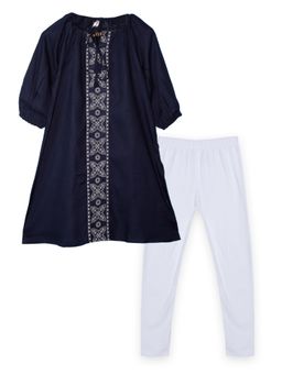 KiddoPanti - Girls Full Sleeve Neck Tie Up Kurta & Lycra Legging - Navy Blue