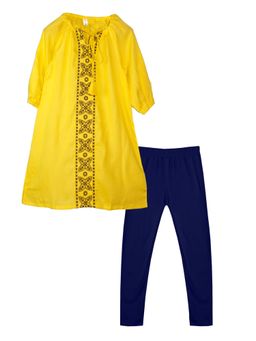 KiddoPanti - Girls Full Sleeve Neck Tie Up Kurta & Lycra Legging - Yellow