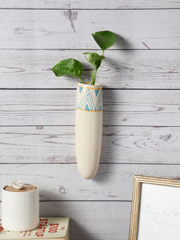 VarEesha - Hand Painted Blue Chevron Edge Offwhite Ceramic Wall Planter