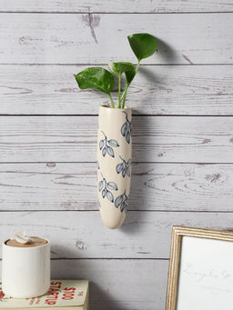 VarEesha - Hand Painted Blue Flowers Offwhite Ceramic Wall Planter
