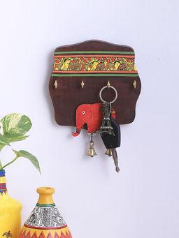 VarEesha - Red Elephant Wooden Madhubani Key Holder with Four Hooks