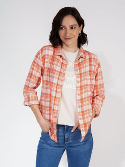 American Eagle - Women Peach Long-sleeve Button-up Shirt