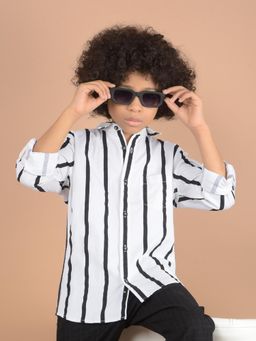 CRIMSOUNE CLUB - Boys White Vertical Striped Collar Shirt