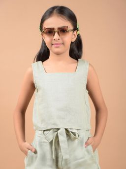 CRIMSOUNE CLUB - Girls Olive Square Neck Sleeveless Linen Top