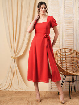 MISH - Red Flared Midi Dress with Belt (Set of 2)