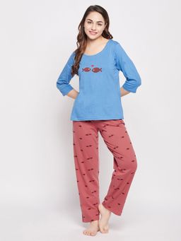 Clovia - Pretty Printed Top & Pyjama Set - 100 Percent Cotton -Blue