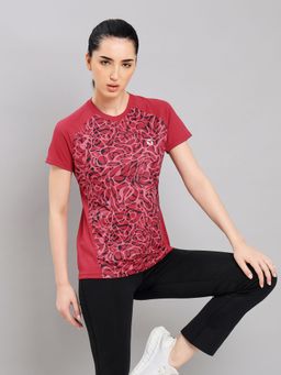 Technosport - Women Red Abstract Print Slim Fit Round Neck Technocool Plus Sport T-Shirt