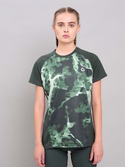 Technosport - Women Green Abstract Print Slim Fit Round Neck Technocool Plus Sport T-Shirt