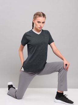 Technosport - Women Charcoal Solid Slim Fit V Neck Double Cool Sports T-Shirt