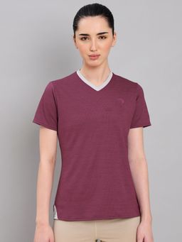Technosport - Women Maroon Solid Slim Fit V Neck Double Cool Sports T-Shirt