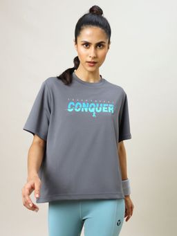 Technosport - Women Grey Printed Boxy Fit Round Neck Technocool Plus Sport T-Shirt