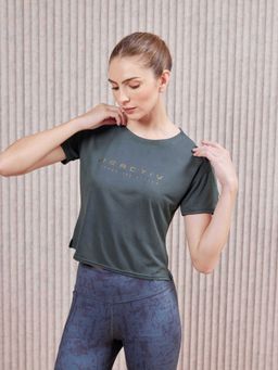 Technosport - Women Grey Printed Boxy Fit Round Neck Sports Ventmesh Crop T-Shirt