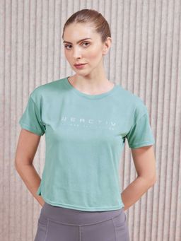 Technosport - Women Green Printed Boxy Fit Round Neck Sports Ventmesh Crop T-Shirt