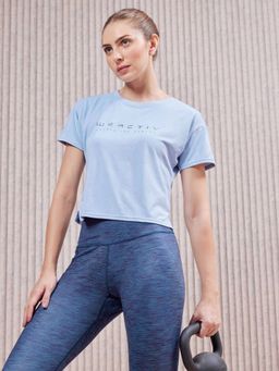 Technosport - Women Blue Printed Boxy Fit Round Neck Sports Ventmesh Crop T-Shirt