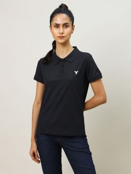 Technosport - Women Black Solid Slim Fit Sports Matpiq Polo T-Shirt