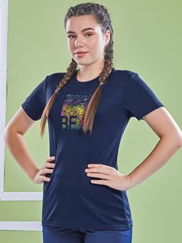 Technosport - Women Navy Blue Printed Slim Fit Round Neck Technocool Plus Sport T-Shirt