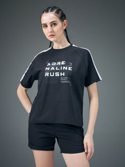 Technosport - Women Black Printed Relaxed Fit Round Neck Elastoplus Sports T-Shirt