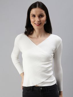 SHOWOFFFF - Women's Solid Wrap White V-neck Top