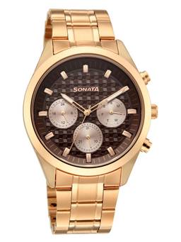 Sonata - Summit Multifunction Brown Dial Rose Gold-Tone Watch - 7158WM01 (M)