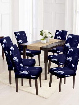Cortina - Non-Slip Dining Chair Cover Set of 6 Floral Printed - Blue & White