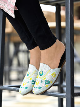 Shoetopia - Embroidered Detailed Green Flat Mules for Girls