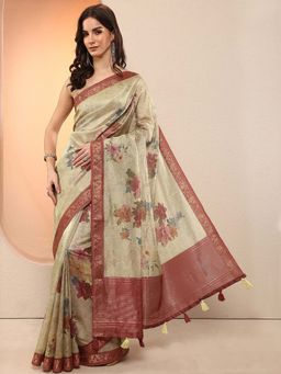 Libas - Beige Printed Silk Blend Saree with Unstitched Blouse