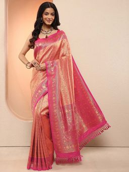 Libas - Peach Woven Design Silk Blend Saree with Unstitched Blouse