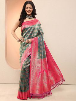 Libas - Teal Woven Design Silk Blend Saree with Unstitched Blouse