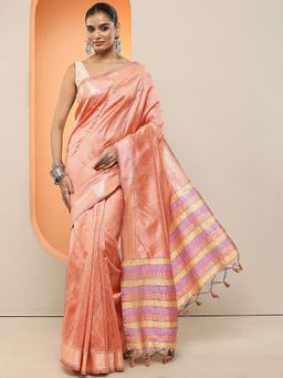 Libas - Peach Woven Silk Blend Saree with Unstitched Blouse