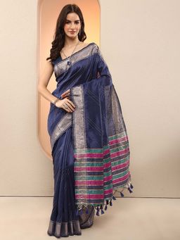 Libas - Navy Blue Woven Silk Blend Saree with Unstitched Blouse