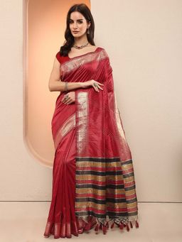 Libas - Red Woven Silk Blend Saree with Unstitched Blouse