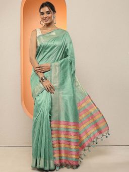 Libas - Green Woven Silk Blend Saree with Unstitched Blouse