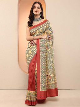 Libas - Yellow Printed Silk Blend Saree with Unstitched Blouse