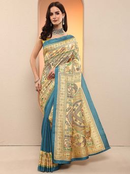Libas - Yellow Printed Silk Blend Saree with Unstitched Blouse