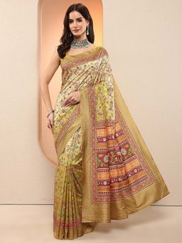 Libas - Beige Printed Silk Blend Saree with Unstitched Blouse