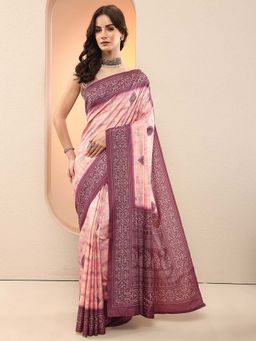 Libas - Pink Printed Silk Blend Saree with Unstitched Blouse