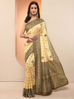 Libas - Yellow Printed Silk Blend Saree with Unstitched Blouse